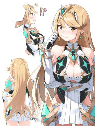 Rule 34 | !?, 1girl, ^^^, absurdres, bare shoulders, blonde hair, breasts, brown eyes, chest jewel, cleavage, cleavage cutout, clothing cutout, earrings, elbow gloves, from behind, gem, gloves, grey hair, headpiece, highres, jewelry, large breasts, long hair, looking at viewer, mameroku, multiple views, mythra (xenoblade), open mouth, simple background, third-party edit, white background, white gloves, xenoblade chronicles (series), xenoblade chronicles 2, yellow eyes