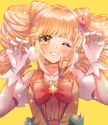 Rule 34 | 1girl, arm strap, blonde hair, bow, choker, collarbone, cure sparkle, gloves, green eyes, grin, hair ornament, healin&#039; good precure, heart, heart hair ornament, lazy orange, long hair, looking at viewer, one eye closed, precure, red bow, simple background, smile, solo, twintails, upper body, vest, white gloves, yellow background, yellow choker, yellow vest