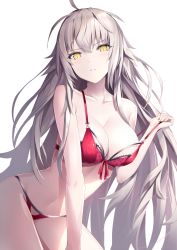 Rule 34 | 1girl, ahoge, bad id, bad pixiv id, bare shoulders, bra, breasts, cleavage, collarbone, diamond mouth, fate/grand order, fate (series), hair between eyes, highres, jeanne d&#039;arc (fate), jeanne d&#039;arc alter (avenger) (fate), jeanne d&#039;arc alter (fate), long hair, looking at viewer, medium breasts, messy hair, navel, panties, red bra, red panties, rin yuu, silver hair, simple background, solo, stomach, underwear, underwear only, white background, yellow eyes