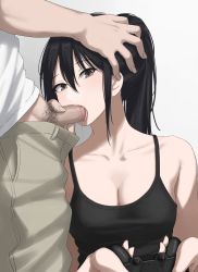 Rule 34 | 1boy, 1girl, bare shoulders, black hair, black tank top, blush, breasts, brown eyes, censored, cleavage, collarbone, controller, erection, expressionless, fellatio, game controller, hand on another&#039;s head, handjob, hetero, highres, kaminari doon, large breasts, licking, licking penis, long hair, looking at viewer, male pubic hair, mosaic censoring, multitasking, no bra, open mouth, oral, original, penis, playing games, ponytail, pubic hair, tank top, tongue, tongue out