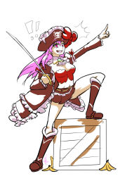 Rule 34 | !, !!, 10s, 1girl, banana peel, boots, bow, box, captain liliana, cutlass, frills, hat, hat bow, highres, jolly roger, knee boots, leg up, long coat, miniskirt, pink eyes, pink hair, pirate, pirate hat, pointing, pointing forward, queen&#039;s blade, queen&#039;s blade rebellion, skirt, skull and crossed swords, solo, triple-q