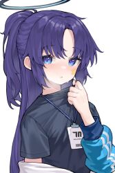 Rule 34 | 1girl, black shirt, blue archive, blue eyes, blue jacket, blush, collar tug, facial mark, halo, hand up, highres, jacket, lanyard, long hair, long sleeves, looking at viewer, parted bangs, parted lips, ponytail, puffy long sleeves, puffy sleeves, purple hair, scarlet23i0, shirt, short sleeves, simple background, solo, star (symbol), sweat, track jacket, upper body, very long hair, white background, yuuka (blue archive), yuuka (track) (blue archive)