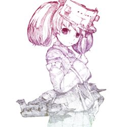 Rule 34 | 10s, 1girl, female focus, gurin33, hand up, japanese clothes, kantai collection, kariginu, looking at viewer, machinery, monochrome, pleated skirt, ryuujou (kancolle), simple background, sketch, skirt, solo, twintails, visor cap, white background