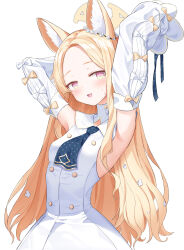 Rule 34 | 1girl, absurdres, animal ear fluff, animal ears, armpits, ascot, blonde hair, blue archive, blue ascot, blush, detached sleeves, dress, halo, highres, kesa pasa, long hair, looking at viewer, open mouth, pink eyes, seia (blue archive), simple background, sleeveless, sleeveless dress, smile, solo, white background, white dress, white sleeves