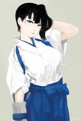 Rule 34 | 10s, 1girl, arm behind head, black hair, blue eyes, blunt bangs, grey background, highres, japanese clothes, kaga (kancolle), kantai collection, kimono, looking at viewer, no lineart, pale skin, side ponytail, simple background, so shina, sohin, solo