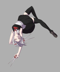 Rule 34 | 1girl, armpits, bad id, bad pixiv id, black thighhighs, female focus, izayoi sakuya, jumping, knife, maid, silver hair, simple background, solo, thighhighs, throwing knife, touhou, tugmix, upside-down, weapon, zettai ryouiki