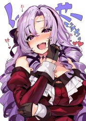 Rule 34 | 1girl, absurdres, black gloves, blush, breasts, cleavage, drill hair, gloves, heart, highres, hyakumantenbara salome, hyakumantenbara salome (1st costume), large breasts, long hair, long sleeves, looking at viewer, nijisanji, off shoulder, open mouth, purple eyes, purple hair, shiokonbu, smile, solo, upper body, virtual youtuber