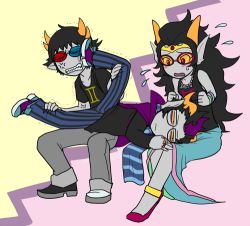 Rule 34 | 1girl, 2boys, 3d glasses, anger vein, asymmetrical footwear, black-framed eyewear, black hair, cape, clenched teeth, colored sclera, colored skin, eridan ampora, fangs, feferi peixes, flying sweatdrops, gemini (symbol), glasses, goggles, grey skin, homestuck, horns, jewelry, kicking, long hair, lowres, lying on person, makeup, mihirahira, mismatched footwear, multicolored hair, multiple boys, necklace, pisces (symbol), scarf, sharp teeth, short hair, sitting, sollux captor, striped clothes, striped scarf, teeth, two-tone hair, yellow sclera