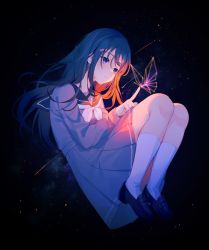 Rule 34 | 1girl, :o, achiki, black background, blue dress, blue eyes, blue hair, blush, boots, bug, butterfly, dress, floating, floating hair, hand on own thigh, highres, insect, legs up, long hair, looking down, original, shooting star, socks, solo, star (sky), white socks