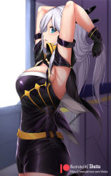 1girl, adjusting hair, armlet, armpits, artist name, belt, blue eyes, breasts, cecilia schariac, commentary, cowboy shot, english commentary, english text, gloves, highres, honkai (series), honkai impact 3rd, large breasts, long hair, looking at viewer, looking to the side, sheita, silver hair, skirt, smile