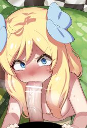 Rule 34 | 1boy, 1girl, absurdres, bar censor, blonde hair, blue eyes, breasts, censored, fellatio, highres, jashin-chan, jashin-chan dropkick, large penis, looking at viewer, mizumizuni, monster girl, open mouth, oral, penis, pov, sex, small breasts, veins, veiny penis