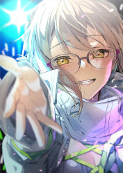 Rule 34 | 1girl, artoria pendragon (fate), fate/grand order, fate (series), fuyuhi tsukika, glasses, hair between eyes, highres, jacket, light, light stick, looking at viewer, mysterious idol x alter (fate), reaching, reaching towards viewer, short hair, silver hair, smile, solo, upper body, white jacket, yellow eyes