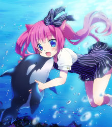 Rule 34 | 1girl, :d, animal ears, bad id, bad pixiv id, blue eyes, bubble, cat ears, dress, hair bobbles, hair ornament, long hair, looking at viewer, open mouth, original, pink hair, sakuro, smile, striped, twintails, underwater, whale