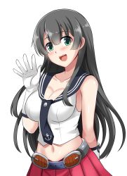 Rule 34 | 1girl, :d, agano (kancolle), aqua eyes, bare shoulders, black hair, blush, breasts, cleavage, collarbone, gloves, highres, kantai collection, large breasts, long hair, looking at viewer, navel, open mouth, pleated skirt, school uniform, serafuku, simple background, skirt, smile, solo, the-sinner, waving, white background, white gloves