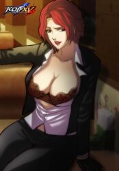 Rule 34 | 1girl, absurdres, black pants, black suit, bra, breasts, breasts out, formal, fringes, highres, large breasts, mature female, navel, open clothes, open shirt, pants, red eyes, red hair, red lips, shirt, short hair, sitting, snk, solo, suit, the king of fighters, the king of fighters xv, underwear, vanessa (kof), white shirt