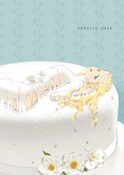 Rule 34 | 1girl, aqua eyes, blonde hair, cake, english text, flower, food, food as clothes, hair flower, hair ornament, icing, in food, long hair, lying, open mouth, original, oversized object, solo, surreal, tako ashin, tears, text focus, wavy hair, wedding cake