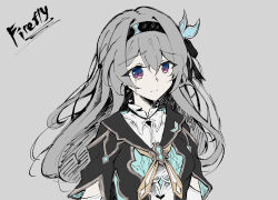 Rule 34 | 1girl, arms at sides, black hairband, black jacket, black ribbon, blue bow, blue eyes, bow, character name, closed mouth, collared shirt, firefly (honkai: star rail), flat color, grey background, grey hair, hair between eyes, hair bow, hair intakes, hair ribbon, hairband, hatching (texture), highres, honkai: star rail, honkai (series), jacket, linear hatching, long hair, looking at viewer, neckerchief, orange neckerchief, purple eyes, ribbon, ruler symphony, shirt, sidelocks, simple background, smile, solo, two-tone eyes, upper body, white shirt