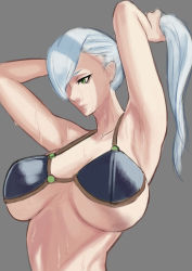 Rule 34 | 1girl, absurdres, armor, armpits, arms up, bikini, bikini armor, bikini top only, breasts, character request, closed mouth, collarbone, commentary request, eyelashes, green eyes, grey background, hair over one eye, highres, korean commentary, large breasts, last origin, long hair, looking down, midriff, narcur, ponytail, simple background, sweat, swimsuit, tying hair, underboob, upper body, white hair