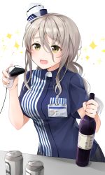 Rule 34 | 10s, 1girl, :d, beer can, bottle, brown eyes, brown hair, can, drink can, employee uniform, hat, holding, holding bottle, kantai collection, lawson, long hair, mini hat, open mouth, pola (kancolle), short sleeves, smile, solo, thick eyebrows, uniform, white hat, wine bottle, yuna (yukiyuna)
