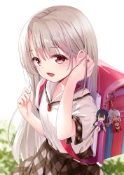 Rule 34 | 1girl, backpack, bag, blush, breasts, character charm, character doll, charm (object), collarbone, collared shirt, commentary request, cowboy shot, fate/kaleid liner prisma illya, fate (series), highres, homurahara academy school uniform, illyasviel von einzbern, jewelry, long hair, long sleeves, looking at viewer, open mouth, plaid, plaid skirt, pleated skirt, randoseru, red eyes, red ribbon, revision, ribbon, school uniform, shirt, skirt, small breasts, smile, solo, striped, white hair, white shirt, yan (nicknikg)
