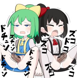 Rule 34 | 2boys, 2girls, ascot, bar censor, black hair, black skirt, blue eyes, blue skirt, blue vest, blush, bow, censored, closed eyes, closed mouth, clothing aside, collared shirt, commentary, cookie (touhou), daiyousei, diyusi (cookie), feet out of frame, flat chest, green hair, hair bow, hetero, high-visibility vest, holding hands, hospital king, long sleeves, medium bangs, medium hair, multiple boys, multiple girls, open mouth, panties, panties aside, penis, ponytail, pussy, red ascot, red bow, sex, shirt, short sleeves, simple background, sitting, siyudi (cookie), skirt, spread legs, suspender skirt, suspenders, tearing up, thighhighs, touhou, underwear, unusually open eyes, vaginal, vest, white background, white panties, white shirt, white thighhighs, yellow ascot, yellow bow