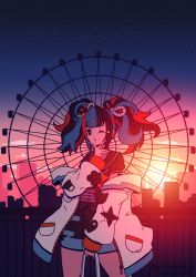 Rule 34 | 1girl, absurdres, bag, black eyes, collar, fate/grand order, fate (series), ferris wheel, greedydeviant, handbag, highres, jacket, multicolored hair, one eye closed, sailor collar, sei shounagon (fate), sky, star (sky), starry sky, sunset, twintails, v over mouth, white jacket