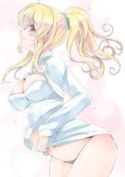 Rule 34 | 10s, 1girl, areola slip, ayase eli, blonde hair, blue eyes, bottomless, breasts, cleavage cutout, clothes lift, clothing cutout, frapowa, large breasts, lifting own clothes, love live!, love live! school idol project, meme attire, open-chest sweater, ponytail, ribbed sweater, solo, sweater, sweater lift, turtleneck