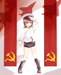 Rule 34 | 1girl, aircraft, airplane, boots, brown hair, communism, epaulettes, fighter jet, gender request, genderswap, hammer and sickle, hat, highres, identifier, jet, joseph stalin, knee boots, mc axis, military, military uniform, military vehicle, miniskirt, peaked cap, pigeon-toed, salute, short hair, silhouette, skirt, solo, soviet, star-shaped pupils, star (symbol), symbol-shaped pupils, uniform