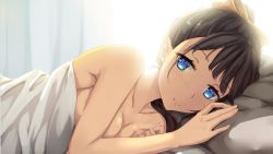 Rule 34 | 1girl, aria hiyu, backlighting, bad id, bad pixiv id, bed, bed sheet, black hair, bloom, blue eyes, blunt bangs, blush, bow, breasts, cleavage, collarbone, covering privates, covering breasts, curtains, hair bow, high ponytail, highres, looking at viewer, lying, medium breasts, morning, on bed, on side, original, pillow, ponytail, smile, solo, topless, under covers, upper body
