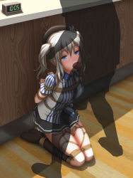 Rule 34 | 10s, 1girl, :d, bad id, bad pixiv id, bdsm, blue eyes, bondage, bound, breasts, censored, clerk, clock, fellatio, grabbing another&#039;s hair, highres, himitsu (hi mi tsu 2), indoors, kantai collection, kashima (kancolle), kneeling, lawson, looking up, medium breasts, mosaic censoring, no shoes, open mouth, oral, penis, rope, shibari, silhouette, silver hair, smile, socks, solo focus, twintails