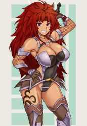 Rule 34 | 1girl, absurdres, armpits, blush, breasts, cameltoe, cleavage, collarbone, cosplay, groin, highres, igawa sakura, large breasts, leotard, looking at viewer, navel, purple eyes, queen&#039;s blade, red hair, risty (queen&#039;s blade), risty (queen's blade), solo, taimanin (series), taimanin asagi, tattoo, thighhighs, wilderness bandit risty