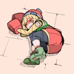 Rule 34 | 1girl, arms (game), ass, beanie, blonde hair, blunt bangs, closed eyes, domino mask, fetal position, from above, hat, lying, mask, min min (arms), nintendo, on ground, shoes, shorts, solo, stone floor, takayama toshinori, tearing up