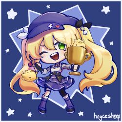 Rule 34 | 1girl, blonde hair, blue background, blue footwear, blue hat, blue skirt, boots, chibi, cropped jacket, dokibird (vtuber), dragoon (dokibird), fingerless gloves, full body, gloves, green eyes, grey jacket, hat, highres, hoyce sheep, indie virtual youtuber, jacket, knee boots, long hair, one eye closed, open clothes, open jacket, open mouth, signature, single leg pantyhose, skirt, smile, solo, standing, star (symbol), starry background, teeth, twintails, upper teeth only, very long hair, virtual youtuber