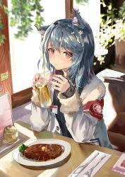 Rule 34 | 1girl, absurdres, animal ear fluff, animal ears, arknights, armband, black hair, black shirt, brown eyes, chinese commentary, commentary request, cup, drinking glass, drinking straw, earrings, food, fork, hair between eyes, hands up, highres, holding, holding cup, indoors, jacket, jewelry, knife, long hair, long sleeves, looking at viewer, nail polish, open clothes, open jacket, pink nails, plate, rokami, shirt, solo, steak, texas (arknights), upper body, white jacket, wolf ears