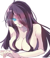 Rule 34 | 10s, 1girl, abyssal ship, aosaki yukina, bare shoulders, black hair, blue eyes, breast press, breasts, cleavage, collarbone, glowing, glowing eyes, hair over one eye, kantai collection, large breasts, long hair, parted lips, purple hair, sketch, so-class submarine, solo, upper body, white background