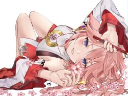 Rule 34 | absurdres, animal ears, bare legs, barefoot, blush, breasts, detached sleeves, earrings, floppy ears, flower, fox ears, genshin impact, grin, hievasp, highres, japanese clothes, jewelry, large breasts, lips, long hair, looking at viewer, lying, nail polish, on back, pink hair, pink nails, purple eyes, sideboob, simple background, smile, solo, upside-down, white background, wide sleeves, yae miko