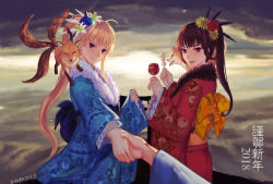 Rule 34 | 2018, 2girls, artist name, black hair, blonde hair, candy apple, dango, dog, edenfox, fangs, food, fox, holding hands, japanese clothes, kimono, long hair, looking at viewer, multiple girls, new year, open mouth, original, pov, purple eyes, red eyes, shiba inu, slit pupils, smile, candy apple, torii, vampire, wagashi