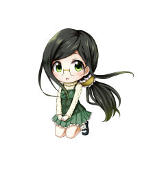 Rule 34 | 10s, 1girl, :o, aran sweater, black footwear, blush, bobby socks, cable knit, chibi, dress, glasses, green dress, green eyes, green hair, highres, kuena, long hair, long sleeves, looking at viewer, low ponytail, mary janes, parted lips, pleated dress, ponytail, ryuuou no oshigoto!, sadatou ayano, shoes, simple background, sleeveless, sleeveless dress, socks, solo, sweater, very long hair, white background, white socks, white sweater