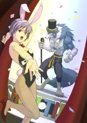 Rule 34 | 1boy, 1girl, alternate costume, animal ears, bow, bowtie, breasts, confetti, detached collar, dutch angle, fake animal ears, fishnet pantyhose, fishnets, furry, furry male, gallon (vampire), hat, high heels, leotard, lilith aensland, nagamori kouta, open mouth, outstretched hand, pants, pantyhose, playboy bunny, purple hair, rabbit ears, rabbit tail, red eyes, short hair, small breasts, stage, sweatdrop, tail, top hat, topless male, vampire (game), werewolf, wrist cuffs