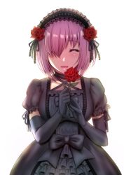 Rule 34 | 1girl, :d, ^ ^, alternate costume, black bow, black dress, black gloves, blush, bow, breasts, closed eyes, criss-cross halter, dress, eburi a, elbow gloves, facing viewer, fate/grand order, fate (series), flower, frilled sleeves, frills, gloves, hair flower, hair ornament, hair over one eye, hairband, halterneck, happy, holding, holding flower, lace, lace-trimmed sleeves, lace trim, lolita fashion, lolita hairband, mash kyrielight, medium breasts, open mouth, puffy short sleeves, puffy sleeves, red flower, red rose, rose, short hair, short sleeves, simple background, smile, solo, upper body, white background