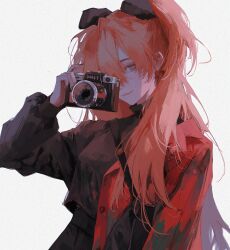 Rule 34 | 1girl, 96yottea, black ribbon, black skirt, blue eyes, breasts, camera, coat, hair between eyes, hair ornament, hair over shoulder, hair ribbon, highres, holding, holding camera, light smile, long bangs, long hair, long sleeves, looking at viewer, medium breasts, messy hair, neon genesis evangelion, open clothes, open coat, orange hair, pleated skirt, realistic, red coat, ribbon, sidelocks, simple background, skirt, smile, solo, souryuu asuka langley, taking picture, twintails, white background