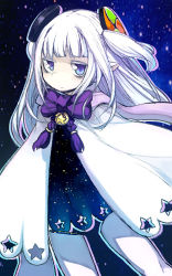 Rule 34 | 1girl, bags under eyes, bow, bowtie, dress, hair ornament, long hair, messier number, original, pointy ears, purple eyes, sicx lives, solo, thighhighs, white hair