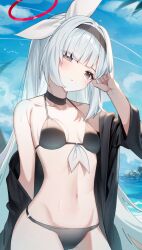 Rule 34 | 1girl, absurdres, bare shoulders, bikini, black choker, black eyes, black hairband, black jacket, blue archive, blue sky, bow, breasts, choker, closed mouth, cloud, collarbone, commentary, day, hair bow, hairband, halo, halterneck, hand up, head tilt, highres, jacket, jacket partially removed, light blush, long hair, looking at viewer, navel, o-ring, o-ring bikini, ocean, outdoors, plana (blue archive), red halo, red pupils, ribbon, sky, small breasts, solo, split mouth, stomach, sugar (dndi888), sweatdrop, swimsuit, symbol-only commentary, very long hair, water, white bow, white hair