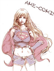 Rule 34 | 1girl, ame-comi, blonde hair, breasts, cape, crop top, dc comics, detached sleeves, female focus, hand on own hip, kryptonian, long hair, midriff, okazuwa shake, red cape, s shield, shirt, skirt, solo, standing, supergirl, superhero costume, superman (series), taut clothes, taut shirt