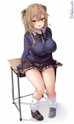 Rule 34 | 1girl, alternate costume, black footwear, black ribbon, blue cardigan, blush, breasts, brown eyes, brown skirt, cardigan, cleavage, collared shirt, desk, ebifurya, full body, hair between eyes, hair ribbon, heart, highres, kantai collection, large breasts, light brown hair, lips, long hair, long sleeves, looking at viewer, murasame (kancolle), one-hour drawing challenge, pleated skirt, ribbon, school desk, school uniform, shirt, shoes, sitting, skirt, smile, socks, solo, sweater, thighhighs, twintails, twitter username, two side up, white background, white shirt, white socks