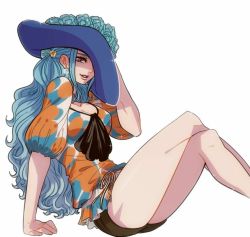 Rule 34 | 1girl, artist request, blue hair, breasts, brown eyes, earrings, hat, jewelry, large breasts, legs, long hair, nefertari vivi, one piece, open mouth, shorts