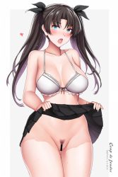 Rule 34 | 1girl, aged up, alternate breast size, bar censor, black bow, black skirt, blue eyes, blush, bow, bra, breasts, brown hair, censored, clothes lift, collarbone, fate/stay night, fate (series), female pubic hair, hanada yanochi, heart, large breasts, light purple hair, long hair, looking at viewer, multicolored hair, open mouth, parted bangs, pink lips, pubic hair, pussy, shiny skin, skirt, skirt lift, sweatdrop, tears, tohsaka rin, twintails, two-tone hair, underwear, white bra