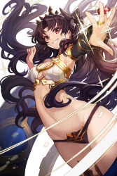 Rule 34 | 1girl, bare shoulders, bikini, black collar, black detached sleeves, black hair, black ribbon, blurry, blurry background, breasts, cleavage, clenched hand, clenched teeth, collar, crown, detached sleeves, earrings, eyes visible through hair, fate/grand order, fate (series), female focus, floating hair, foreshortening, gem, goomrrat, grin, hair ribbon, hand up, heavenly boat maanna, highres, holding, holding gem, ishtar (fate), jewelry, long hair, looking at viewer, medium breasts, midriff, navel, neck, necklace, outstretched arm, red eyes, red gemstone, revealing clothes, ribbon, ring, single detached sleeve, smile, solo, sparkle, strapless, swimsuit, teeth, tiara, tohsaka rin, two side up, type-moon, very long hair