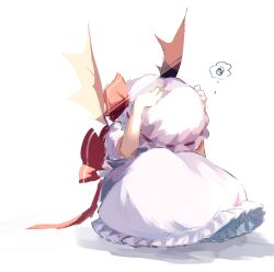 Rule 34 | 1girl, bat wings, charisma guard, commeowdore, cowering, full body, hands on headwear, hat, hat ribbon, mob cap, petticoat, red ribbon, remilia scarlet, ribbon, short sleeves, solo, spoken squiggle, squiggle, thought bubble, touhou, white hat, wings