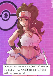 Rule 34 | 1girl, abs, blue eyes, breasts, brown hair, carmessi, cleavage, covered erect nipples, creatures (company), curvy, eyebrows, game freak, hat, hilda (pokemon), implied prostitution, large breasts, long hair, looking at viewer, nintendo, parted lips, pokemon, pokemon bw, ponytail, prostitution, shirt, shorts, solo, wide hips